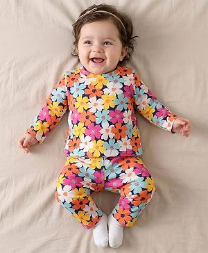 Babyhug Cotton Knit Full Sleeves Co-ords Night Suit With Floral Print - Multicolour