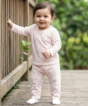 Babyhug Cotton Knit Full Sleeves T-Shirt & Pyjama Co-ord Night Suit With Polka Dot Print - White