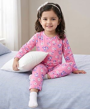 Babyhug Cotton Knit Full Sleeves T-Shirt & Pyjama Co-ord Night Suit With Floral Print - Pink