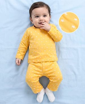 Babyhug Cotton Knit Full Sleeves T-Shirt & Pyjama Co-ord Night Suit With Star Print - Yellow