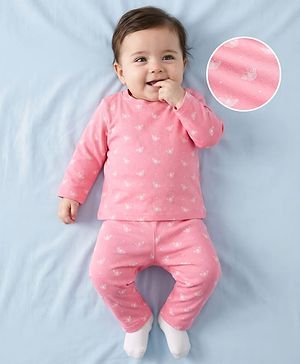 Babyhug Cotton Knit Full Sleeves T-Shirt & Pyjama Co-ord Night Suit With Butterfly Print - Pink