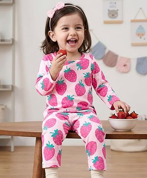 Babyhug Cotton Knit Full Sleeves T-Shirt & Pyjama Co-ord Night Suit With Strawberry Print - Pink