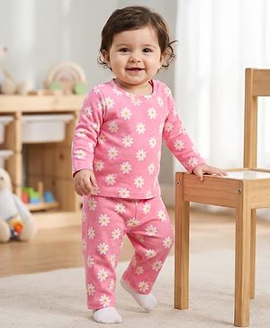 Babyhug Cotton Knit Full Sleeves T-Shirt & Pyjama Co-ord Night Suit With Floral Print - Pink