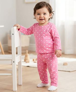 Babyhug Cotton Knit Full Sleeves T-Shirt & Pyjama Co-ord Night Suit With Polka Dot Print - Pink