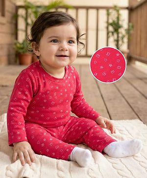 Babyhug Cotton Knit Full Sleeves T-Shirt & Pyjama Co-ord Night Suit With Shapes Print - Red