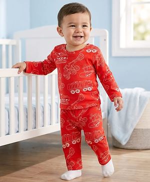 Babyhug Cotton Knit Full Sleeves Co-ords Night Suit With Vehicle Print - Red
