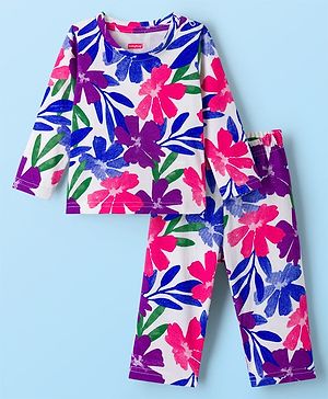 Babyhug Cotton Knit Full Sleeves Co-ords Night Suit With Floral Print - Blue