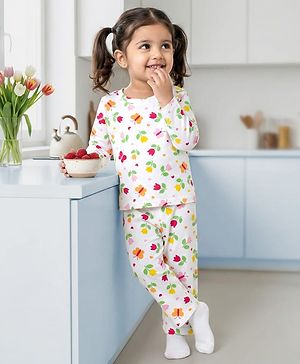Babyhug Cotton Knit Full Sleeves T-Shirt & Pyjama Co-ord Night Suit With Floral & Butterfly Print - White