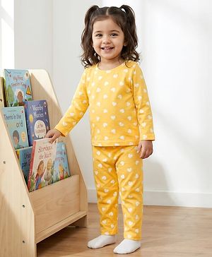 Babyhug Cotton Knit Full Sleeves T-Shirt & Pyjama Co-ord Night Suit With Heart Print - Yellow