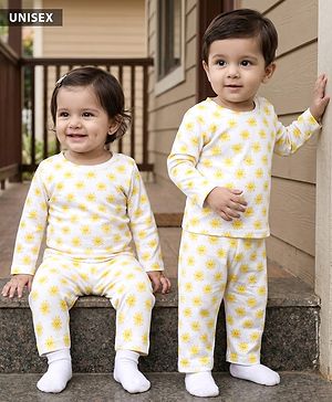 Babyhug Cotton Knit Full Sleeves T-Shirt & Pyjama Co-ord Night Suit With Sun Print - White