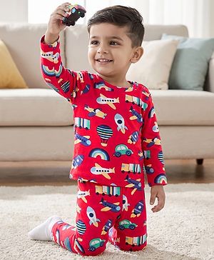 Babyhug Cotton Knit Full Sleeves T-Shirt & Pyjama Co-ord Night Suit With Vehicle Print - Red