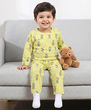 Babyhug Cotton Knit Full Sleeves T-Shirt & Pyjama Co-ord Night Suit With Animal Print - Yellow
