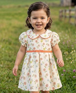 Babyhug Cotton Woven Half Sleeves Floral Printed Peter Pan Collared Frock - Multicolour
