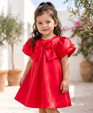 Babyhug Satin Woven Half Sleeves Party Dress With Bow Detailing - Red