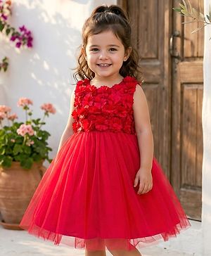 Babyhug Mesh Woven Sleeveless Party Dress With 3D Flower Detailing & Cotton Lining - Red