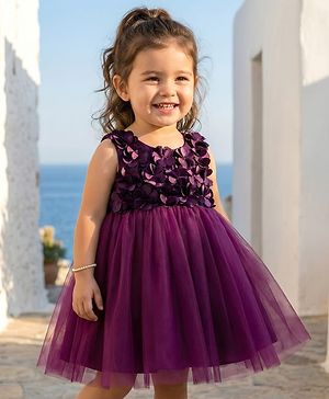 Babyhug Woven Sleeveless 5 Layer Party Dress with Floral Applique & Cotton Lining - Wine