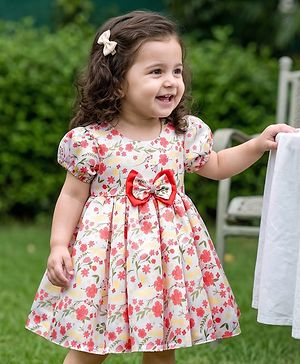 Babyhug Woven Half Puffed Sleeves 5 Layer Party Dress with Floral Print Bow Applique & Cotton Lining - White