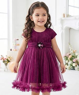 Babyhug 5 Layers Fit & Flare Half Sleeves Glitter Mesh Party Dress with Bow Deatiling and Cotton Lining - Wine