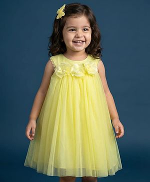 Babyhug Mesh Woven Sleeveless Party Dress With Floral Corsage - Yellow