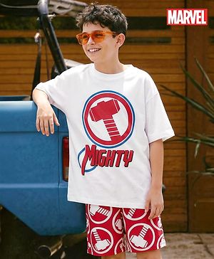 Pine Kids Marvel Single Jersey Knit Drop Shoulder Half Sleeves Oversized T-Shirt & Shorts Set with Thor Graphic - Red & White