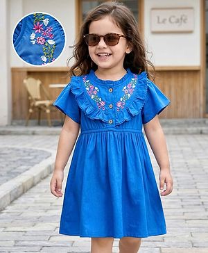 Babyhug 100% Cotton Woven Half Frill Sleeves Frock With Floral Embroidery - Blue