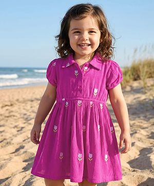 Babyhug Cotton Woven Half Puffed Sleeves Frock With Floral Embroidery - Purple