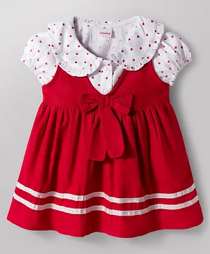 Babyhug Cotton Woven Half Puffed Sleeves Polka Dots Printed T-Shirt & Frock with Bow Applique - Red