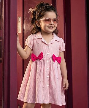 Babyhug 100% Cotton Woven Half Sleeves Striped & Polka Dots Printed Frock With Bow Applique - Pink