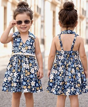 Babyhug 100% Cotton Woven Sleeveless Floral Printed Frock With Belt - Navy Blue