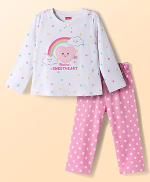 Babyhug Cotton Knit Full Sleeves Polka Dots Printed & Hearts Embroidered T-Shirt & Pyjama Night Suit - White & Pink