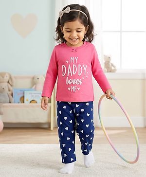 Babyhug Cotton Knit Full Sleeves Text & Hearts Printed T-Shirt & Pyjama Night Suit - Pink & Navy Blue