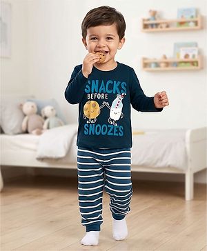 Babyhug Cotton Knit Full Sleeves T-Shirt & Pyjama Night Suit With Text Print - Navy Blue