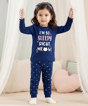 Babyhug Cotton Knit Full Sleeves T-Shirt & Pajama Night Suit with Text Print - Navy Blue