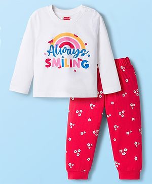 Babyhug Cotton Knit Full Sleeves T-Shirt & Pajama Night Suit with Always Smiling Print - Red & White
