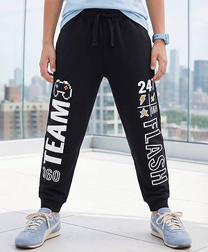 Pine Kids 100% Cotton Full Length Lounge Pant With Text Print - Black