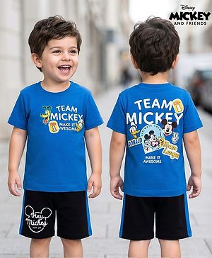 Babyhug Disney Single Jersey Knit  Half Sleeves T-Shirt & Cut & Sew Shorts Set with Mickey & Friend Front and Back Print - Blue & Black
