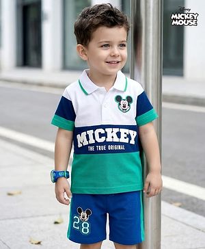 Babyhug Disney Single Jersey Knit Half Sleeves Cut & Sew Polo T-Shirt & Shorts Set with Mickey Mouse Graphics & Badge Detailing - Multiclour