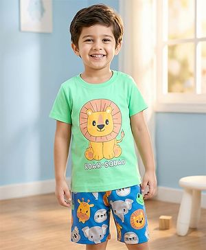 Babyhug Cotton Knit Half Sleeves T-Shirt & Shorts Night Suit With Animal Print - Green