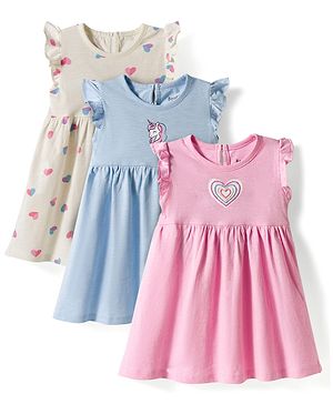 Bonfino Cotton Knit Frill Sleeves Frocks with Heart & Unicorn Print Pack of 3 - Pink Blue & White