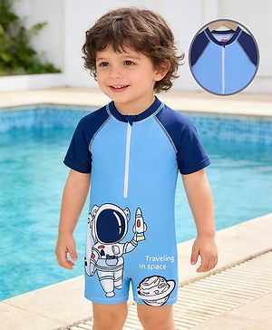 Babyhug Raglan Half Sleeves Space Theme Printed Legged Swimsuit - Light Blue