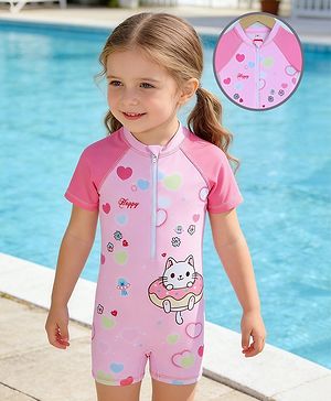 Babyhug Half Raglan Sleeves Legged Swimsuit with Animal Print - Pink