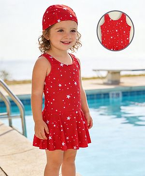 Babyhug Sleeveless Frock Swimsuit with Cap & Star Print - Red