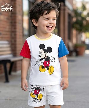 Babyhug Disney Single Jersey Knit Half Sleeves Cut & Sew T-Shirt & Shorts Set With Mickey & Friends Graphics & Badge Detailing - Multicolor