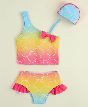 Babyhug Sleeveless Shells Printed Two Piece Swimsuit With Cap - Multicolour