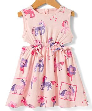 Bonfino 100% Cotton Knit Sleeveless Unicorn Printed Frock  - Light Pink