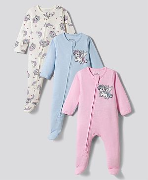 Bonfino 100% Cotton Knit Full Sleeves Unicorn Printed Footed Sleepsuits Pack of 3 -white Blue & Pink