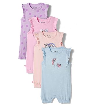 Bonfino 100% Cotton Knit Flutter Sleeves Romper with Polka Dots & Unicorn Print Pack of 4 - Blue Pink & Purple