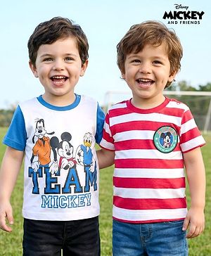 Babyhug Disney Single Jersey Half Sleeves Drop Sholuder T-Shirt with Mickey Mouse & Friends Graphic & Patch Pack of 2 - Multicolour