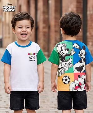 Babyhug Disney 100% Cotton Knit Half Sleeves T-Shirt With Mickey Mouse Graphic Front & Back Print - Multicolour
