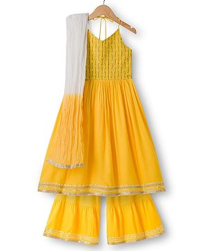Pine Kids Cotton Woven Sleeveless Halter Neck Embroidered Kurti & Sharara Set With Dupatta & Lace Detailing - Yellow